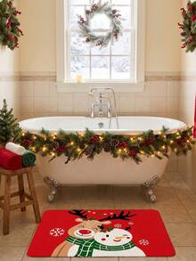 A Comfortable And Vibrant Christmas Themed Doormat, Featuring Reindeer And Snowman Designs, Made Of Flannel Material, With A Vibrant Red Background And Smiling Reindeer. - A - View 5