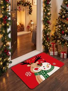 A Comfortable And Vibrant Christmas Themed Doormat, Featuring Reindeer And Snowman Designs, Made Of Flannel Material, With A Vibrant Red Background And Smiling Reindeer. - A - View 9