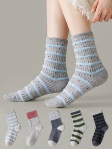 ZUJO 5 Pairs Women's Mid-Calf Dot Mesh Socks, Striped Pattern, Korean Vintage Colorblock Slouch Socks, Versatile Soft Comfortable, Suitable For Spring Autumn Winter Sports And Daily Wear - Multicolor - View 2