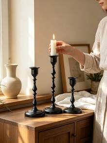 3pcs Matte Black Vintage Metal Taper Candle Holders, Desktop Decor Candle Holders, Suitable For Dark-Toned Home, Wedding And Holiday Party Tabletop Decoration, Candles Not Included - A - View 7