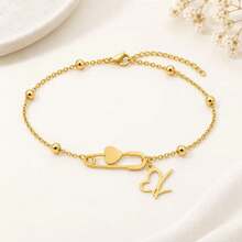 1pc Simple Classic Hollow Heart Initial Pin Gold Color Stainless Steel Bead Chain Anklets For Women - Yellow Gold - View 3