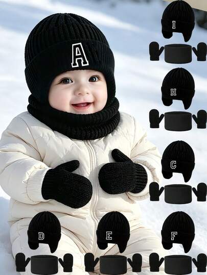 4pcs Baby 26 Alphabet Ear Protection Hat Scarf Gloves Set, Winter Outdoor Warm Cute Hat, Fashion Matching
