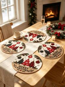 1/2/4pcs Christmas Placemats, Christmas Tree, Christmas Ball And Pine Cone Elements, Round Design, Linen Material, Suitable For Christmas Decoration, Family Gathering Party, Table Decor, Holiday Decor, Indoor Decor. - Multiple Styles - View 4