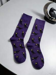 1 Pair Purple Crow Cartoon Jacquard Women's Mid-Calf Socks, Personalized Dark Style Fun Mid-Calf Socks, Halloween Outfit Socks - Multicolor - View 3