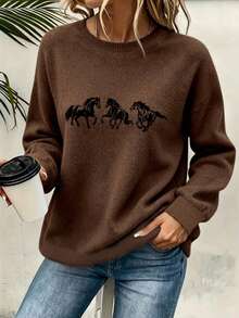 Women's New Round Neck Long Sleeve Sweater, Cute Bear Pattern Print, Fashion Casual Knitwear, Suitable For Daily Commute - Dark Ochre - View 4