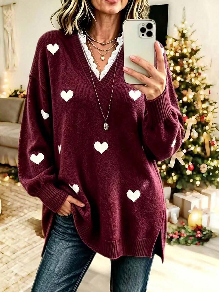 Plus Size Women's Burgundy Knit V-Neck Pullover Sweater, White Heart Print, Essential For Autumn/Winter Warmth - Red - View 1