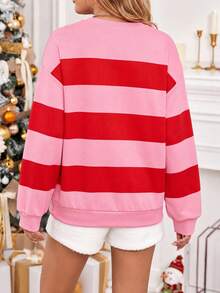 Christmas, Women's Striped Color Block Christmas Pattern, Suitable For Winter, Women's Casual Drop Shoulder Long Sleeve Crew Neck Sweatshirt - Multicolor - View 5