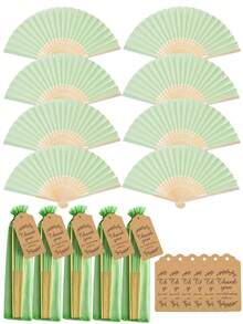 Light Green Folding Fan Gift Set With Mesh Bag And Thank You Card, DIY Handheld Bamboo Folding Fan, Wedding Favor Gift, Bride Dance Prop For Church Wedding Party - Multicolor - View 7