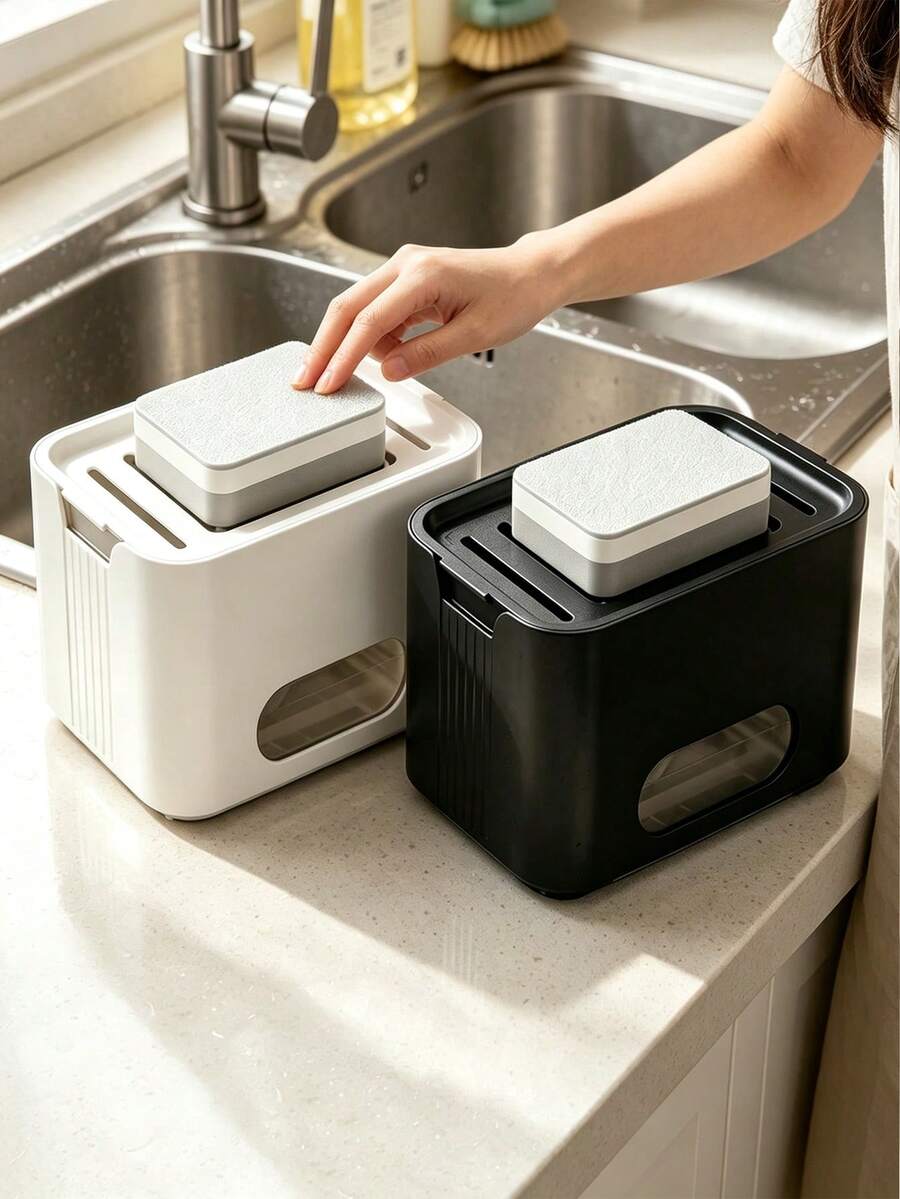1 buah Kotak Dispenser Sabun Tekan Multifungsi, Warna Solid Abu-abu & Putih, Bahan Plastik, Gaya Minimalis, Cocok untuk Semua Musim, Penggunaan Dewasa, Rak Penyimpanan Sabun Cuci Tangan di Meja Dapur Kamar Mandi, Organizer Penyimpanan Wastafel Rumah
