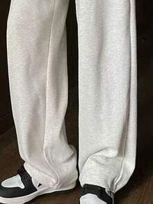 GRIM PANDA Women's Spring Autumn Wide Leg Sweatpants, Contrast Elastic Waist Drawstring Pants, Letter Embroidery Loose Soft Breathable Daily Streetwear Trousers - Light Grey - View 7