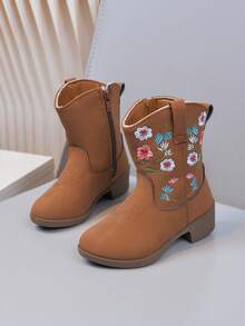 Baby Girls' High-Top Mid-Calf Boots, Embroidered High-Heel Western Cowboy Boots With Pointed Toe And Side Zipper, Casual Shoes - Brown - View 4