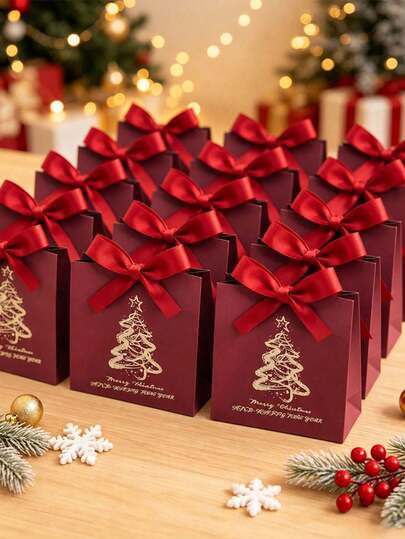 10pcs Burgundy Christmas Gift Bags With Bow Ribbon, Mini Paper Gift Bags With Christmas Tree Pattern And "Merry Christmas" Text, Suitable For Christmas Party Supplies, Christmas Winter Wonderland Decor, Winter Home Party, Birthday, Winter Holiday Decoration