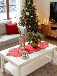 1pc 100% Polyester Embroidered Christmas Table Runner, Red Hollow Cutwork Candle Design Table Scarf, Xmas Holiday Dining Table Centerpiece Decor - Red - View 10