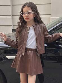 Girls' Autumn/Winter PU Jacket Set, Fashion Solid Color PU Leather Button & Zipper Jacket With PU Leather Skirt, 2 Pieces Casual Streetwear Outfit - Brown - View 2