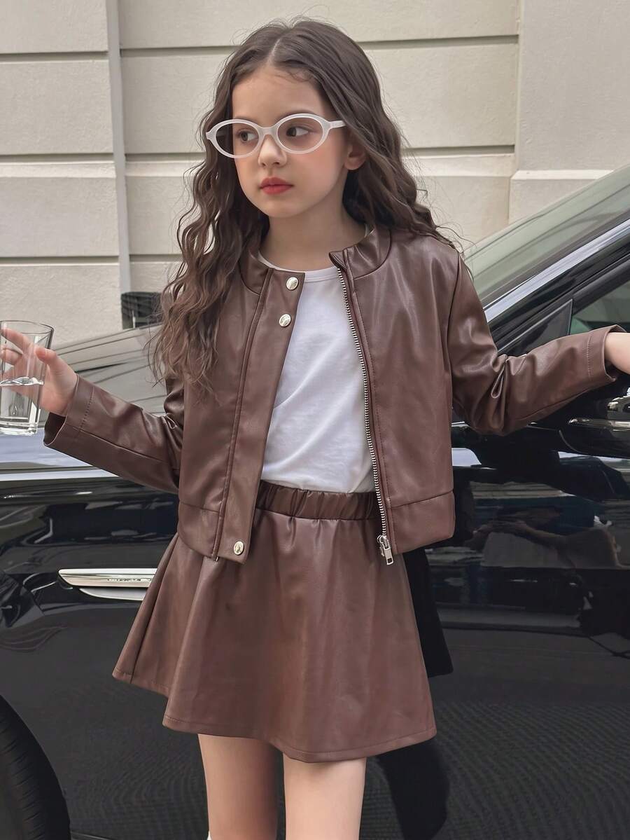 Girls' Autumn/Winter PU Jacket Set, Fashion Solid Color PU Leather Button & Zipper Jacket With PU Leather Skirt, 2 Pieces Casual Streetwear Outfit