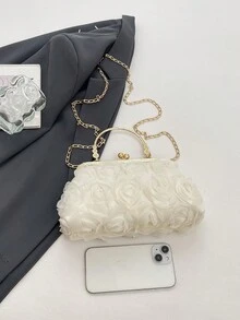 優雅玫瑰晚宴包，復古扣環手提包，鏈條肩帶，純色輕量肩背包，聚酯纖維內裡 - 白色 - 查看 8