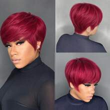1 PC Short Straight Pixie Cut Wigs For Women Human Hair 6 Inch 180% Density Layered Machine Made Wigs With Bangs Black Color & BUG Red Color Pixie Wig Brazilian Remy Hair - SBUG - View 6