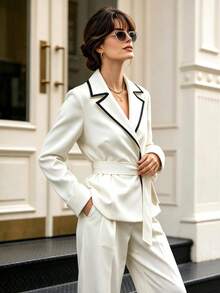 Women's Elegant Notch Lapel White Tie-Front Contrast Trim Blazer, Spring/Autumn - White - View 4
