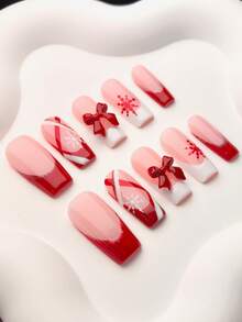 10Pcs Handmade False Nails,Press On Nails Handmade,Nails Acrylic Press On,Christmas Red 3D Bow Snowflake Glitter French Square Style,Removable Reusable Fake Nail Tips,For Women Autumn Winter Xmas Holiday Party Dating Wear - Red - View 3