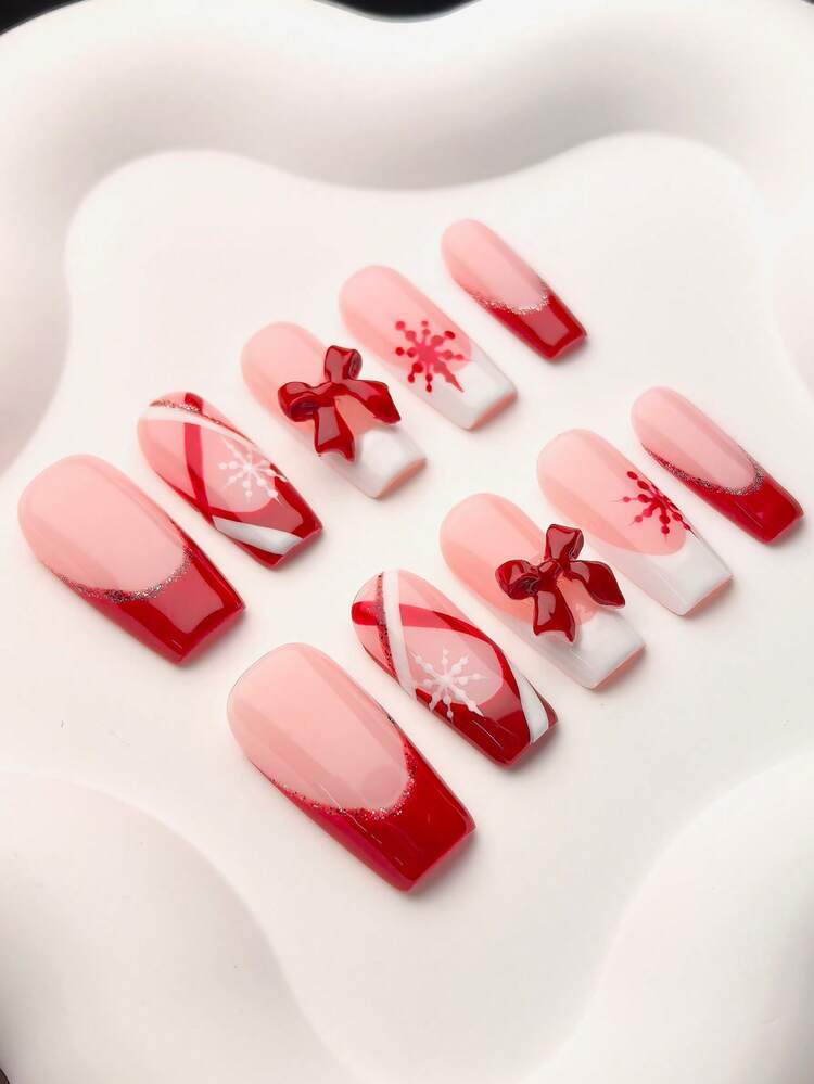 10Pcs Handmade False Nails,Press On Nails Handmade,Nails Acrylic Press On,Christmas Red 3D Bow Snowflake Glitter French Square Style,Removable Reusable Fake Nail Tips,For Women Autumn Winter Xmas Holiday Party Dating Wear - Red - View 3