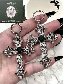2pcs Gothic Style Exaggerated Silver Rhinestone Cross Earrings, Paired With Black Punk Rock Halloween Accessories (Recommended To Purchase With Care Cloth) - Gothic - View 17