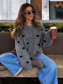 Cardigan Rajut Polkadot Leher Bulat Wanita, Sweater Kancing Nyaman, Cocok untuk Pakaian Musim Gugur/Musim Dingin, Thanksgiving, Halloween, Natal - Grey - View 6