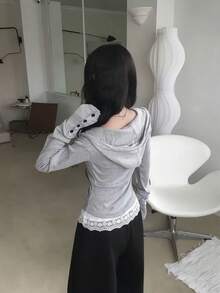 Waist-Cinching Zipper Hoodie, Hot Girl Style, Versatile Loose Fit Autumn Jacket, Hooded Top - Grey - View 8