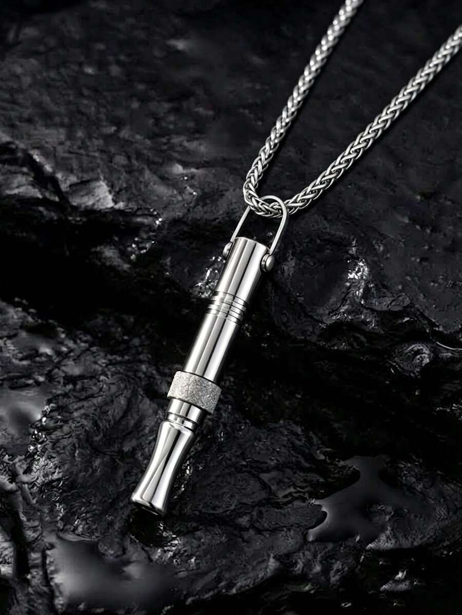 Street Minimalist Style Stainless Steel Whistle Pendant Necklace With Matte Ring Decor For Men Daily Wear & Gift - Silver - View 1