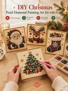 Shiny Pearl Bead DIY Diamond Painting Craft Kit, Vintage Country Christmas Style, Multiple Pattern Options, Ideal Christmas Gift For Living Room, Bedroom And Indoor Decor. Both A Stress-Relieving Craft Activity And A Perfect Home Wall Decoration For Autumn/Winter And Christmas Season - A - View 2