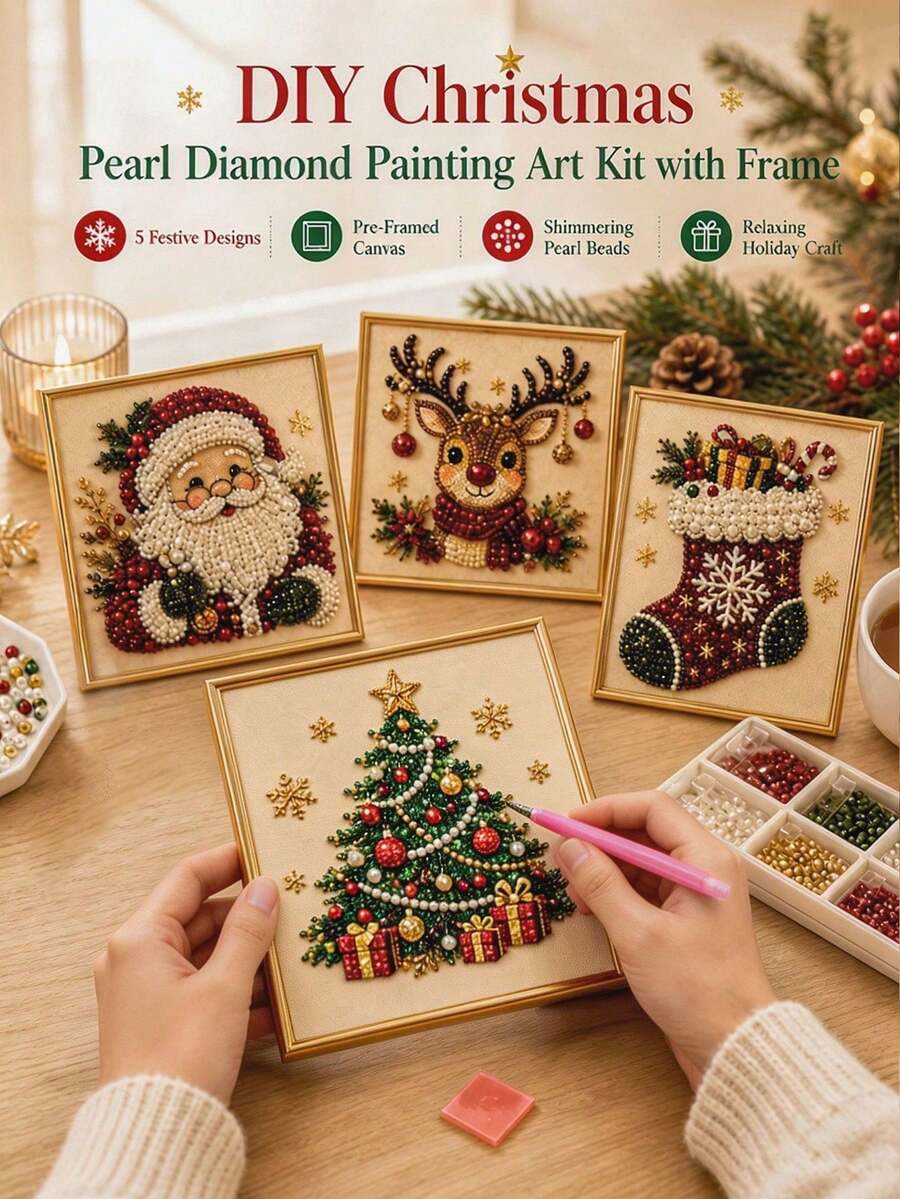 Shiny Pearl Bead DIY Diamond Painting Craft Kit, Vintage Country Christmas Style, Multiple Pattern Options, Ideal Christmas Gift For Living Room, Bedroom And Indoor Decor. Both A Stress-Relieving Craft Activity And A Perfect Home Wall Decoration For Autumn/Winter And Christmas Season