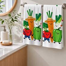 2pcs Cute Cartoon Vegetable Print Kitchen Towels, Carrot Tomato Green Pepper Broccoli Fun Pattern Hand Towels, Fresh Pastoral Style Absorbent Dish Cloth Tea Towel, Suitable For Kitchen Cooking, Baking, Cleaning Wiping And Home Decor, Vegetable Theme Kitchen Supplies Gift - Multicolor - View 3