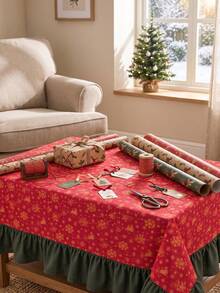 1pc Red Background Gold Christmas Bell Snowflake Print Tablecloth, Traditional Country Style, Rectangular Green Leaf Edge With Pleated Details, Stain-Resistant Protective Tablecloth For Home Long Table, Suitable For Christmas Family Gatherings And Winter Holiday Dining Room Decor - Red - View 6