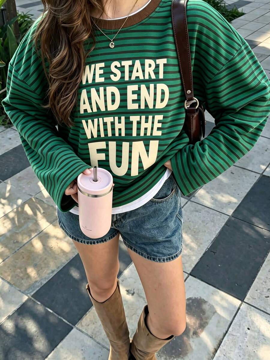 Women's New Arrival Bestselling Casual Striped Graphic Print Loose Pullover Sweatshirt - Green - View 1
