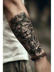 7pcs Men's Temporary Tattoo Stickers, Large Half-Arm Animal & Small Totem Design Set, Realistic Wolf Head, Lion, Dragon, Compass, Skull, Snake Pattern, Waterproof & Scratch-Resistant, Suitable For Men's Arms, Legs, Wrists, Ideal For Parties, Nightclubs, Festivals And Daily Decoration - Halloween - View 2