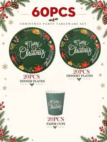 10/20pcs Christmas Disposable Paper Tableware Set, Includes 7-Inch And 9-Inch Plates, Cups, Napkins And Straws; Featuring Deep Green "Merry Christmas", Poinsettia And Bell Decorative Patterns, Suitable For Christmas Parties, Holiday Dinners, Winter Celebrations And Holiday Table Decor. - Multicolor 3 - View 8
