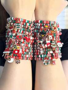 6pcs Christmas Red & Green Striped Soft Clay Elastic Bracelets With Random Christmas Metal Charms, Santa Claus, Christmas Tree, Holiday Accessories - Multicolor - View 2