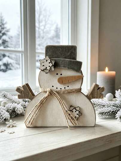 1pc 3D Rustic Wooden Snowman Desktop Ornament, Vintage Winter Christmas Snowman Hollow Decor With Hat, Rope And Snowflake Details, Farmhouse Style Tiered Tray Decor, Christmas Tabletop Centerpiece, Holiday Kitchen Fireplace Mantel Decoration, Winter Home Party Display