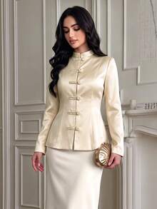 Women's Autumn Pale Yellow Satin Chinese Style Stand Collar Waist-Cinching Jacket With Front Frog Buttons, Suitable For Dating, Daily Wear And Commuting - Light Yellow - View 3