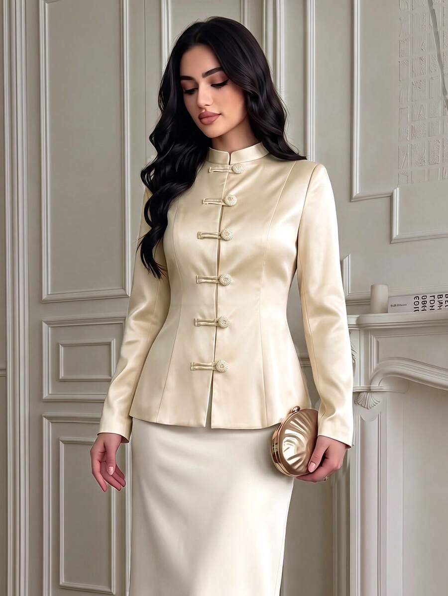 Women's Autumn Pale Yellow Satin Chinese Style Stand Collar Waist-Cinching Jacket With Front Frog Buttons, Suitable For Dating, Daily Wear And Commuting - Light Yellow - View 1