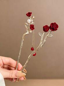 1pc Red Rose Tassel Hair Stick, Elegant Hair Accessory Tool, Suitable For New Chinese Style, Hanfu, Party, Date And Daily Commute - Multicolor - View 2