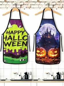 1pc/2Pcs/4Pcs Spooky Dark Halloween Apron, Witch Cauldron Haunted Castle Full Moon Pumpkin Print Apron, Cooking Baking Holiday Costume Apron - Multicolor - View 6