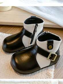 1 Pair Girls' Colorblock Ankle Boots, Leather & Fabric Patchwork With Metal Buckle Side Zipper Soft Sole Children's Vintage Boots, Spring/Autumn - Black - View 4