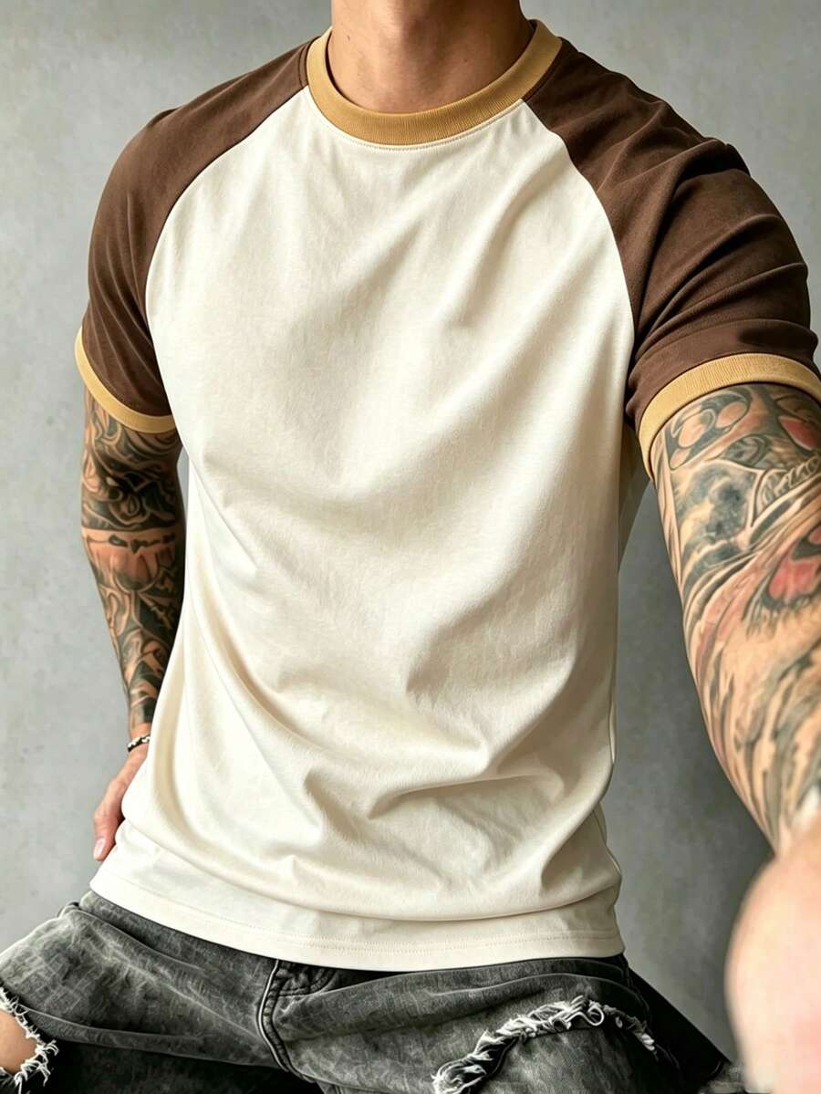 Kaos Pria Musim Panas Kasual Minimalis Motif Blok Warna Patchwork Lengan Pendek Kerah Bulat - Coklat - View 1