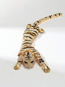 1pc Fashion Rhinestone Cartoon Tiger Enamel Large Brooch, Women's Spring/Autumn Luxury Sparkling Crystal Elegant Shoulder Pin - Gold - View 6