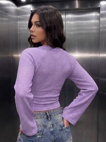 Women's Casual Faux Sweater Batwing Sleeve Cinched Waist Slim Fit Cropped Top, Suitable For Daily Wear, Autumn/Winter, Winter/Autumn Outfits, Going Out - Purple - View 3