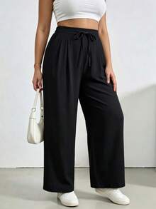 Pantalones de pierna ancha de talle alto con cordón ajustable y pliegues delanteros, corte holgado que estiliza la silueta, diseño versátil ideal para oficina casual, salidas y uso diario - Negro - Ver 3