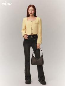 CHUU Women's Thermal Lined Wool Blend Coat, Autumn/Winter Long Sleeve Thick Warm Short Jacket - Yellow - View 2