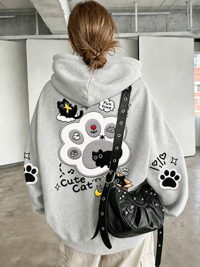 Cat Paw Cute Black Cat Print Women's Drop Shoulder Sweatshirt, Pocket Casual Sweatshirt Print Sweatshirt Women's New Regular Fit Autumn/Winter Fashion Casual Loose Solid Color Print Long Sleeve Sweatshirt, Long Sleeve Sweatshirt Suitable For Daily Wear, Beach Vacation, Autumn Outfit, Outdoor Sports Wear Suitable For Matching With Family And Friends. Suitable For Daily Wear, Going Out, Travel, Holiday, Beach, Party, Birthday, Commute, Gift, Fitness, Wedding, New Year, Women's Autumn/Winter Outfit, Women's Vacation Outfit, Eid Al-Adha