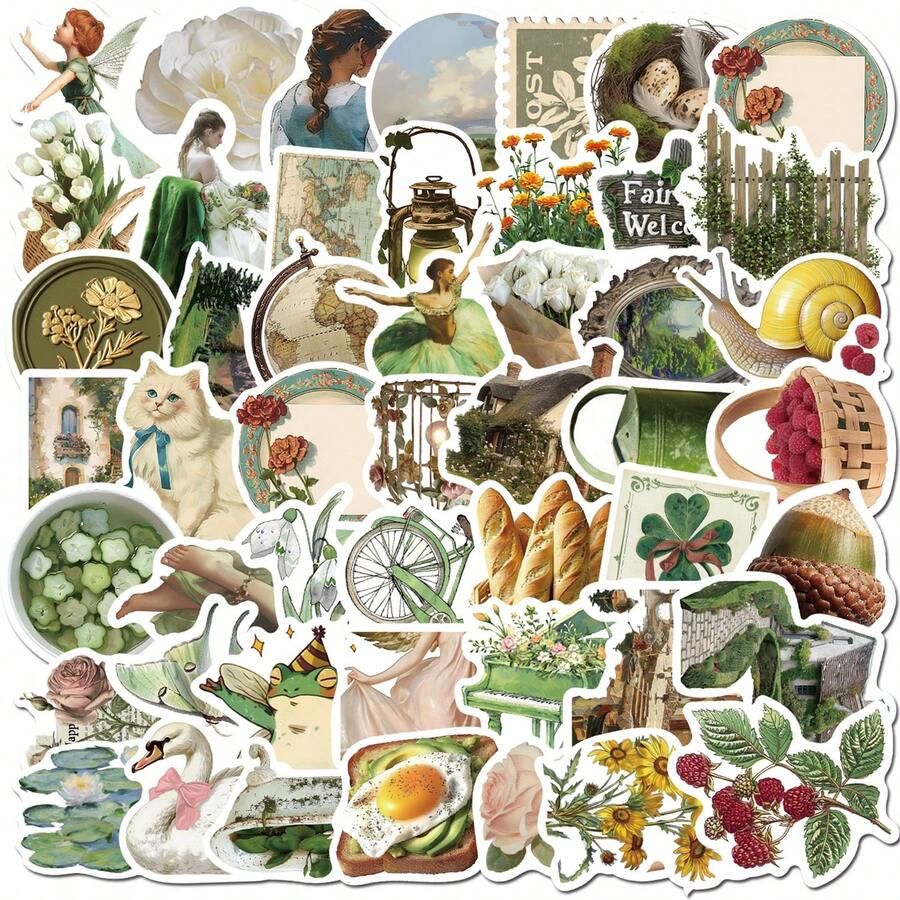 50pcs Non-Repeating Vintage Pastoral Stickers, Artistic Illustration ...