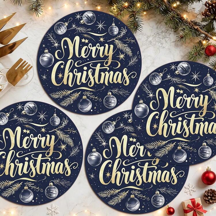 2pcs/4pcs/6pcs/8pcs Merry Christmas Pattern Happy Holiday Kitchen Dining Table Placemats Round Table Mats Round Tablecloth Holiday Tabletop Decor 13.7in X 13.7in Seasonal Home Decor Round Design Holiday Decoration Thickened Linen Material - Multicolor - View 2
